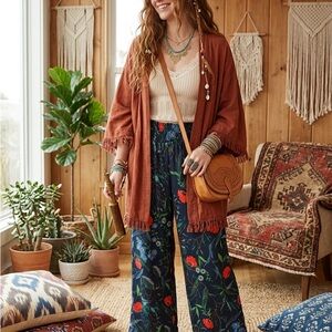Aerie Navy Floral Wide-Leg Pants